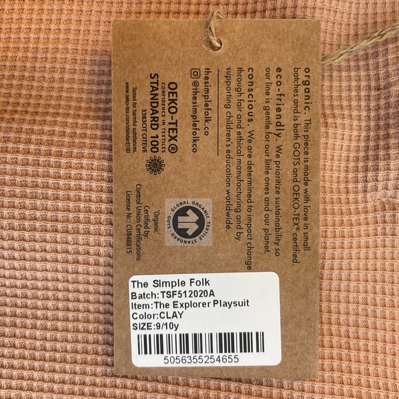 The Simple Folk The Explorer Playsuit Romper Clay Organic Unisex Size 10 Henley - Picture 4 of 9